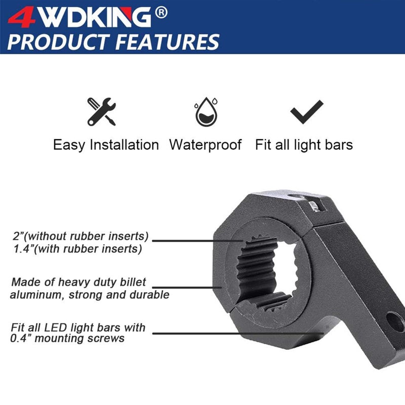 4WDKING Horizontal Bar Clamp Mounting Kit - 4WDKING 2PCS 1"/ 1.5"/ 1.75"/ 2" LED Light Bar LED Pods Fog Driving Lights Brackets for Bull Bar Tube Roof Roll Cage Holder Headache Rack Mount. - Image 4
